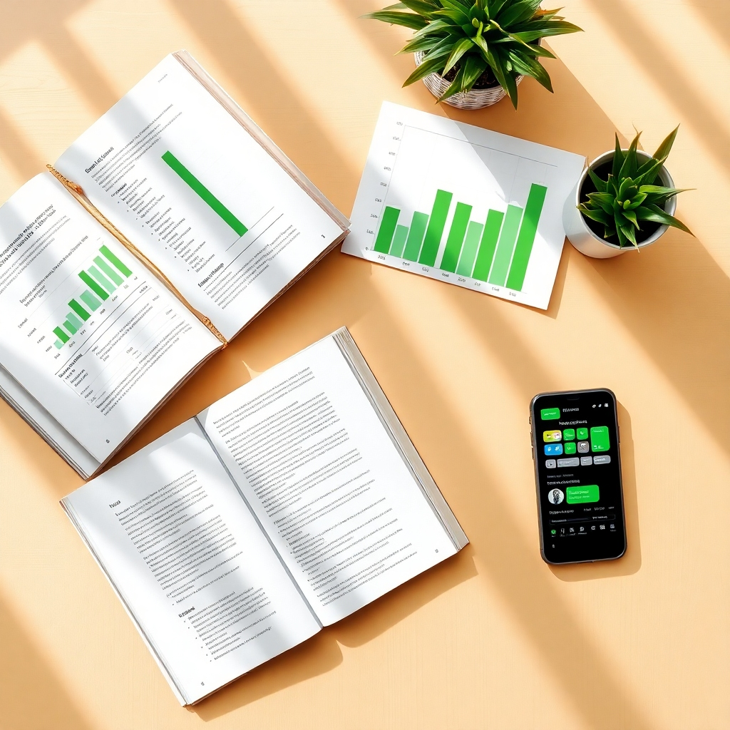  An aerial view of a strategically arranged workspace featuring an open book, charts showing rising sales, and a smartphone displaying social media. Bright afternoon light streams in, adding vibrancy to the image. A warm color palette with pops of green suggests growth and flourishing ideas. The image offers a contemporary, motivational feel. Technical specs: 4K resolution.
