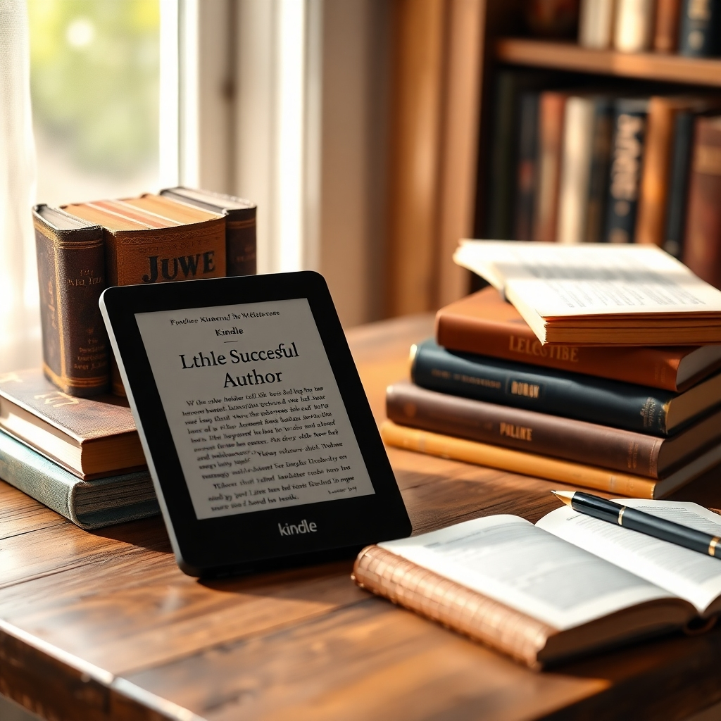 An aesthetically pleasing workspace with books, a notebook, and a Kindle device displaying a successful author’s book. Natural light streams in, creating a cozy ambiance. The color scheme combines earth tones with touches of gold, showcasing creativity and warmth. The composition focuses on the Kindle device, emphasizing its importance for authors. Technical specs: 4K resolution.