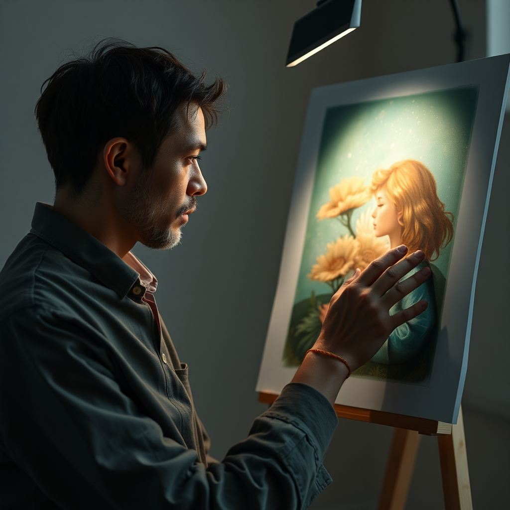 An artist carefully reviewing an AI-generated artwork, ensuring that it aligns with ethical guidelines and standards. The scene is thoughtful and contemplative, emphasizing the importance of responsible AI art creation. Style: Modern, artistic. Lighting: Soft, natural lighting. Colors: A calming and peaceful palette of greens, blues, and browns. 4K, photorealistic.