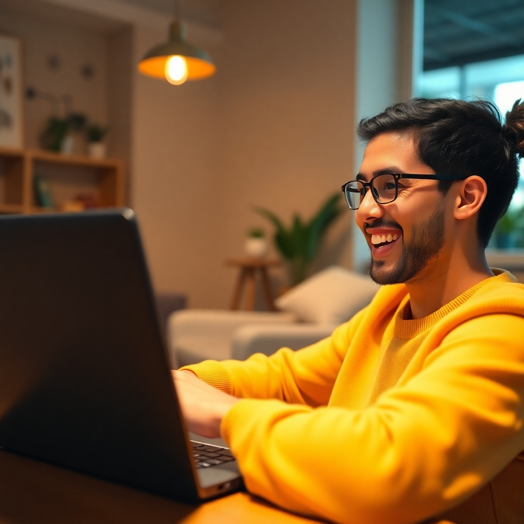 An engaging user interaction scene where a person is happily using a laptop to explore the Kindle Cash Button interface. Bright, friendly lighting gives an inviting atmosphere. A warm color palette enhances the sense of ease and accessibility. The camera angle captures the user's expression of satisfaction. Technical specs: 4K resolution.
