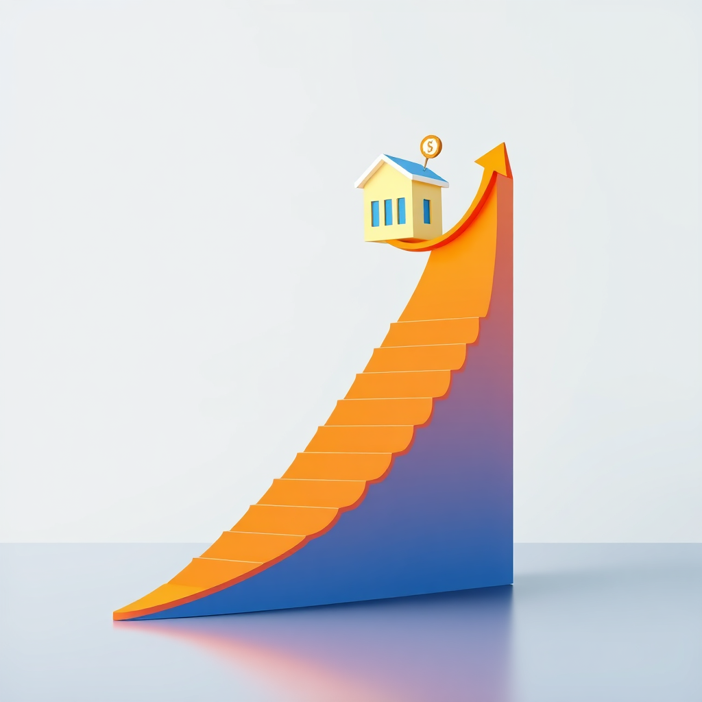 An image depicting a graph with an exponential growth curve, represented by a vibrant, upward-spiraling staircase. At the top of the staircase is a stylized representation of a successful online business. The background is a clean, minimalist design with subtle gradients. Use bold colors to emphasize the growth curve and the goal at the top. Style: Modern, professional, and visually engaging.