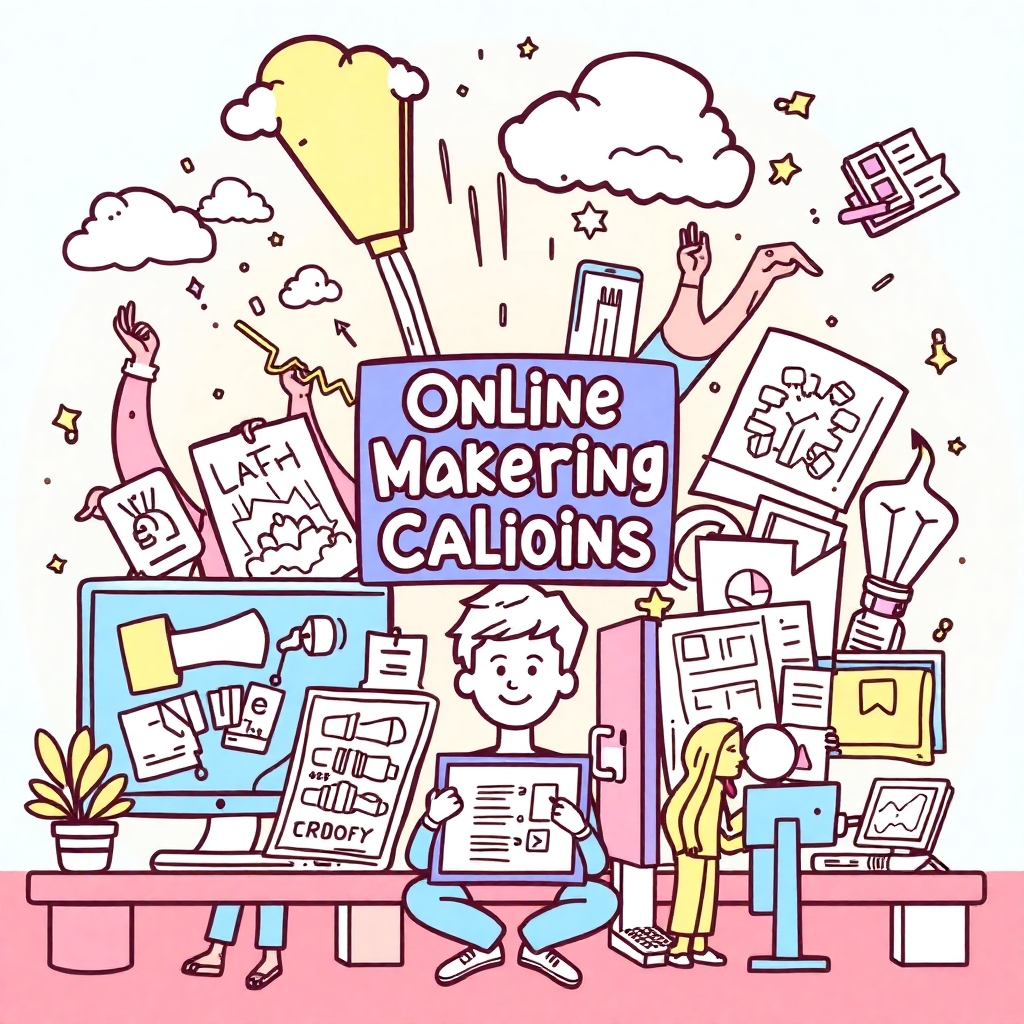 An image depicting various successful online and offline marketing campaigns for coloring books. High-quality image, 4K resolution. Style: Modern and creative, conveying energy and success.