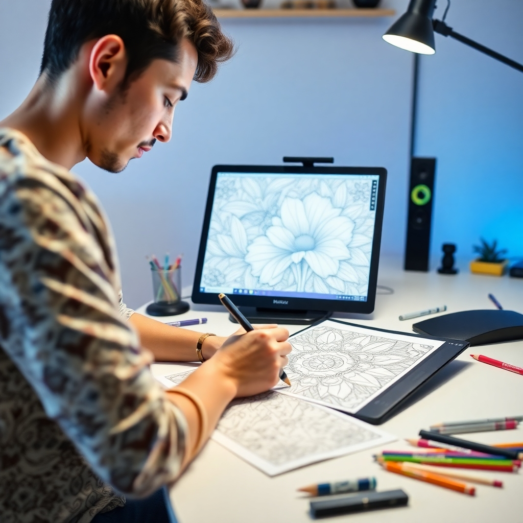 An image showcasing a designer working on a coloring book page using digital art tools.  The image should focus on the creative process and the high quality of the work. High-quality image, 4K resolution. Style: Clean and professional studio setting.