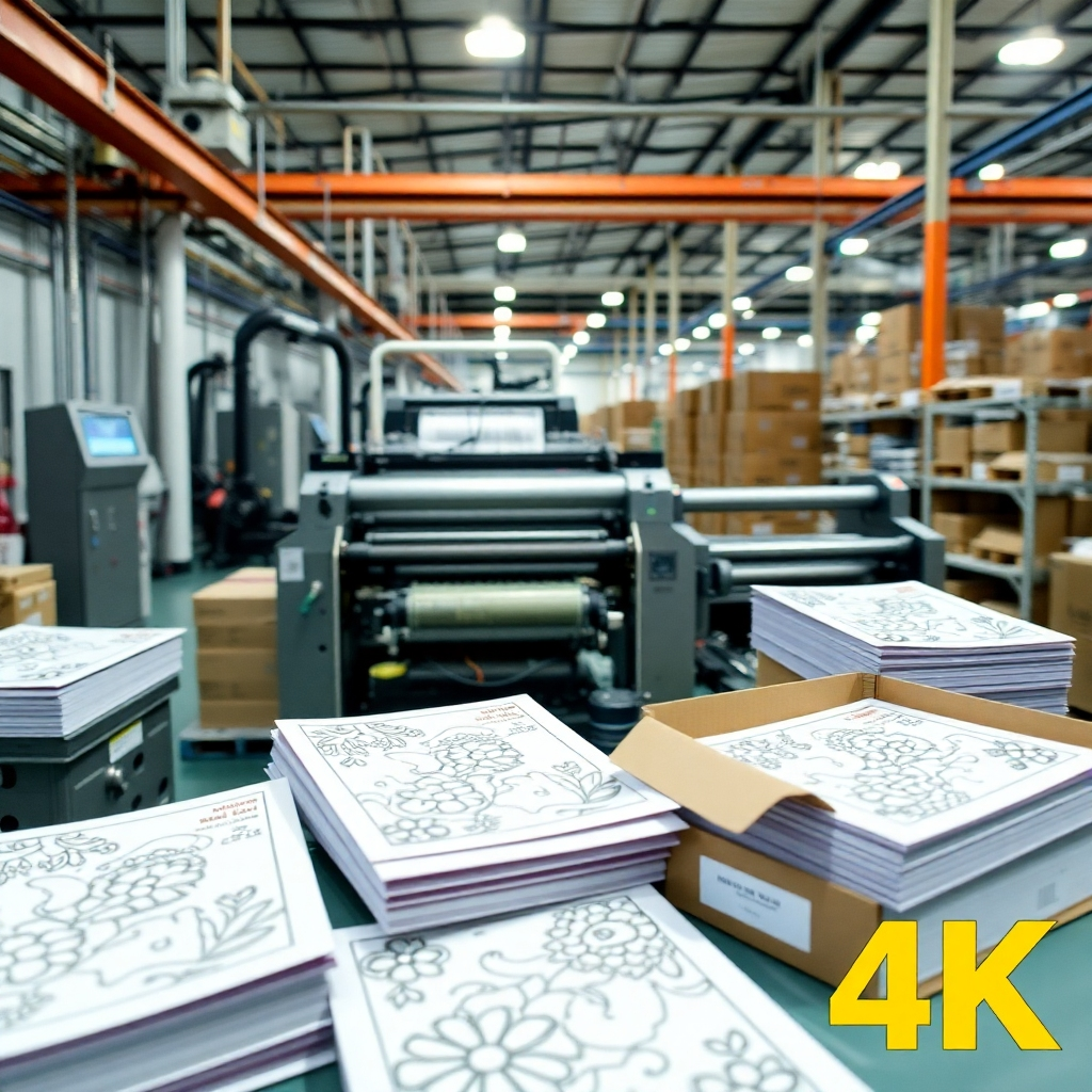 An image showcasing the process of printing and packaging coloring books, emphasizing quality control and efficient logistics. High-quality image, 4K resolution. Style: Professional industrial setting.