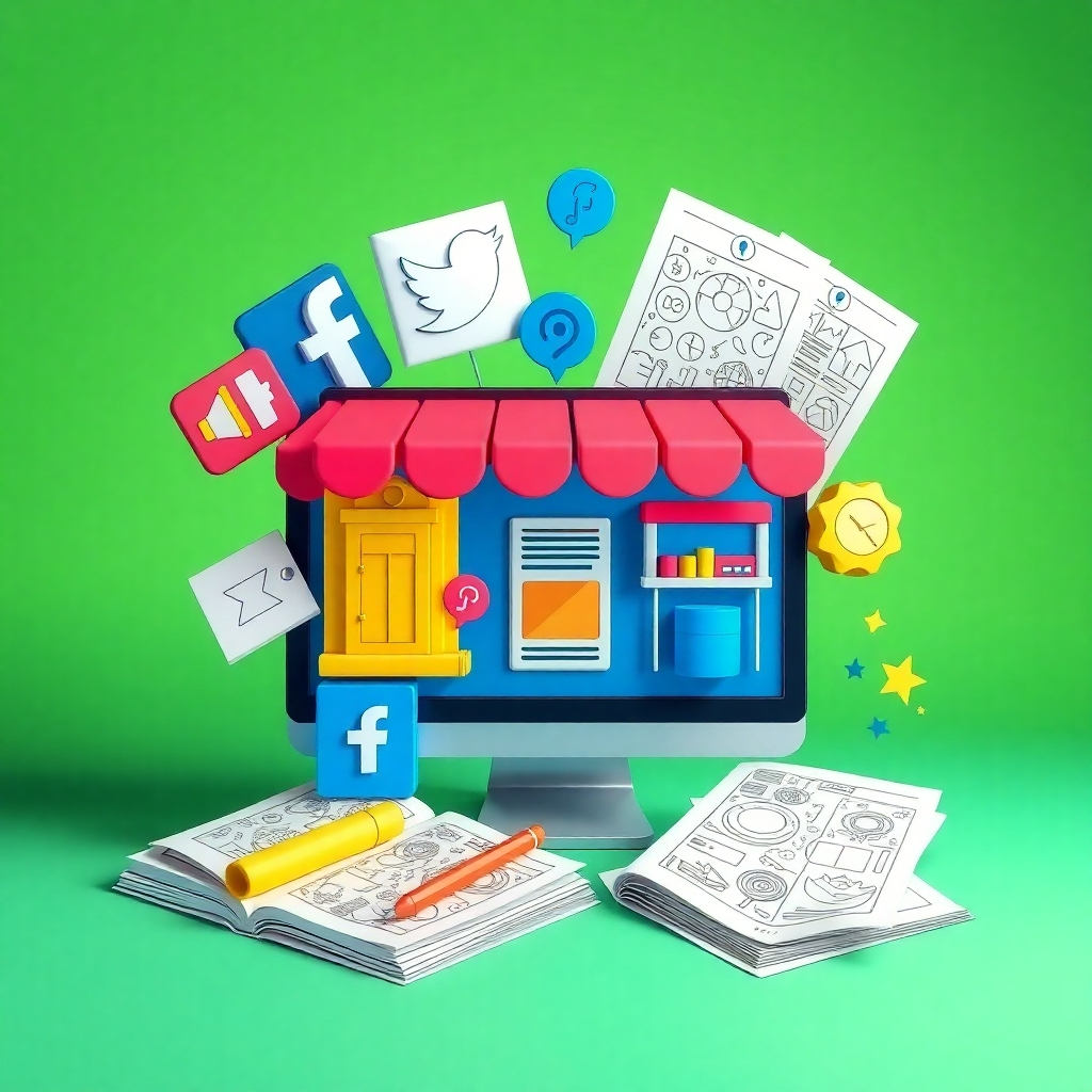 An image showcasing various marketing platforms like social media, online stores, and print ads, creatively combined with coloring book pages. Use vibrant and attention-grabbing colors. High-quality image, 4K resolution. Style: Creative and engaging infographic.