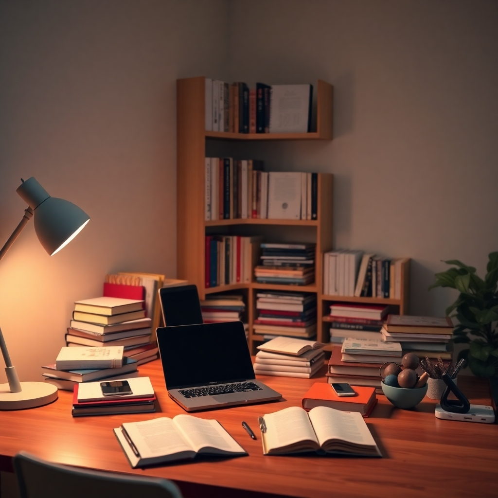 An inviting image of a home office filled with books, notebooks, and digital devices arranged neatly on a desk. The warm light creates a cozy reading nook. The color palette includes rich wood tones and soft whites, promoting a sense of learning. Technical specs: 4K resolution.