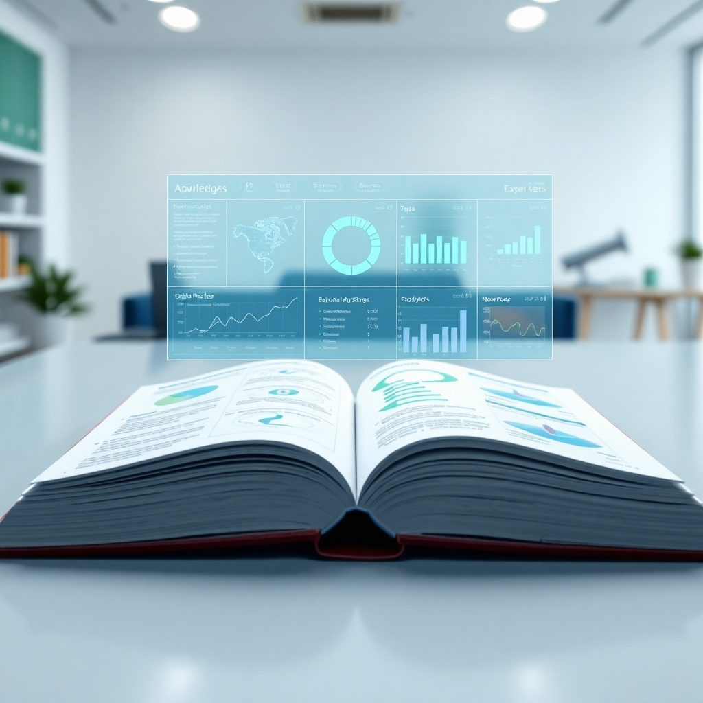An open book with a holographic projection of a digital marketing dashboard. The book is filled with diagrams and charts, explaining complex concepts in a simple and visual way. The background is a clean, modern workspace. Use a color palette of blue, white, and green to represent knowledge, technology, and clarity. The lighting should be bright and focused on the book and the holographic projection. Camera angle: close-up view, emphasizing the details of the book and the holographic projection. Technical specs: 4K resolution, high-quality rendering.