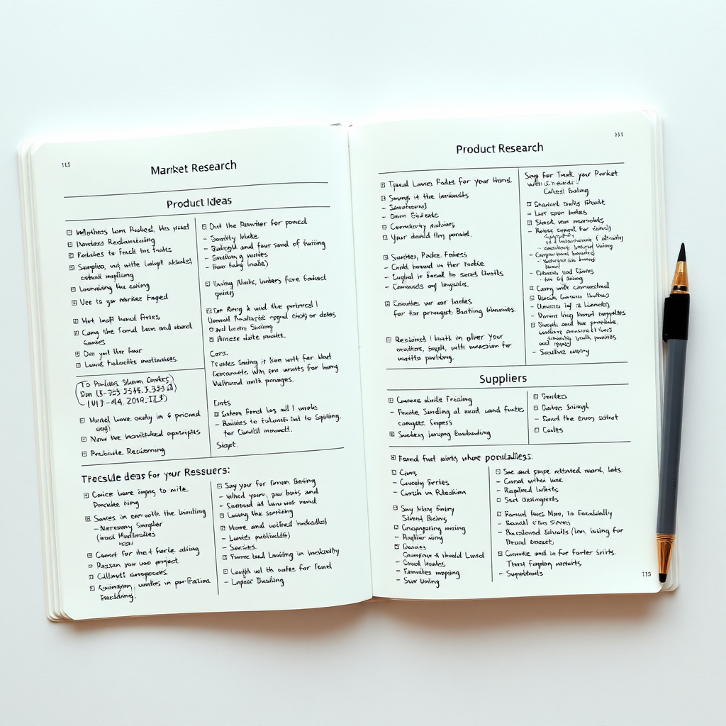 Planner page dedicated to product research with market analysis notes.