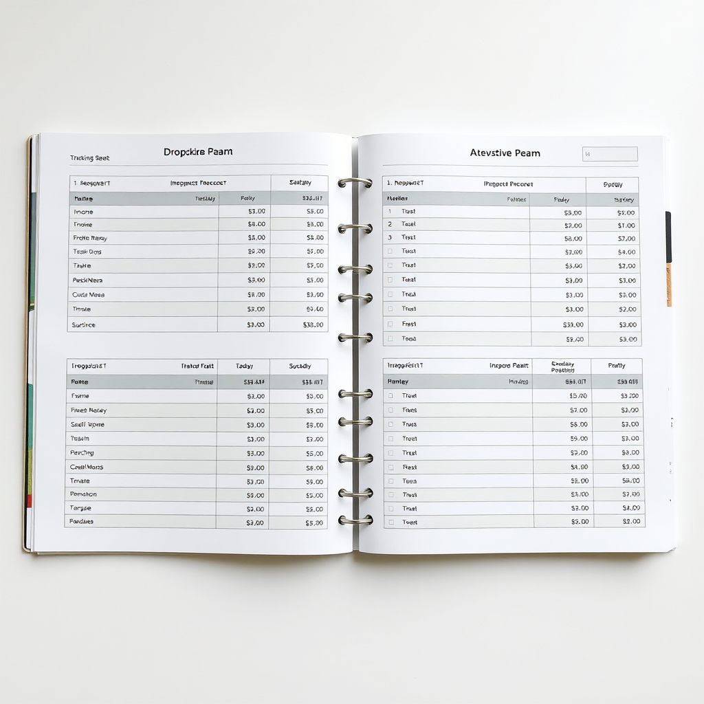 Planner page showing financial tracking sheets for income and expenses.