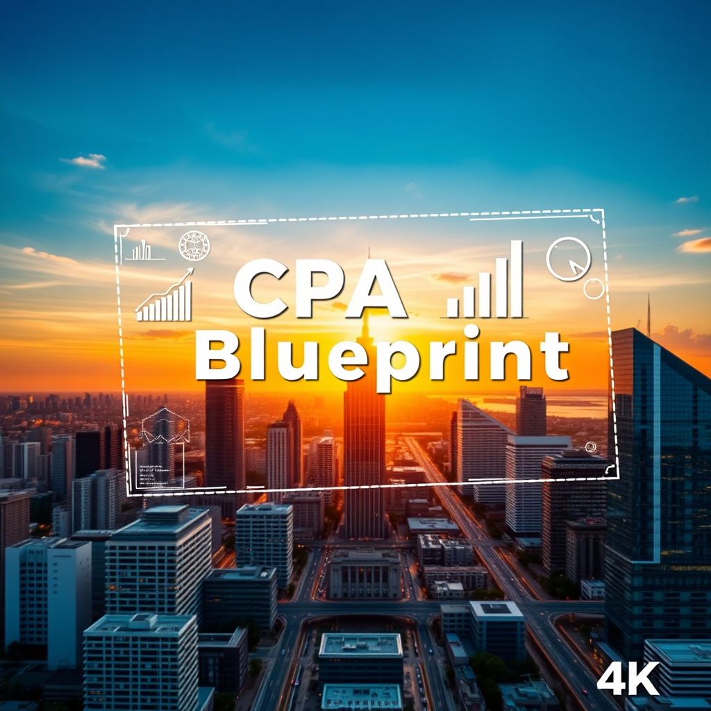 Create a 4K, high-quality image representing the essence of CPA Domination Blueprint. The image should feature a stylized blueprint overlaid on a cityscape at dawn, symbolizing building a successful career. The blueprint should have elements of accounting symbols and growth charts integrated into the design. The cityscape should be modern and vibrant, reflecting opportunity. The color palette should consist of professional blues and grays, highlighted by the warm orange and yellow hues of the sunrise. The camera angle should be a wide shot, capturing the vast potential and the journey towards success. The image should convey a sense of hope, structure, and strategic planning. Style: Modern, clean, and inspiring.