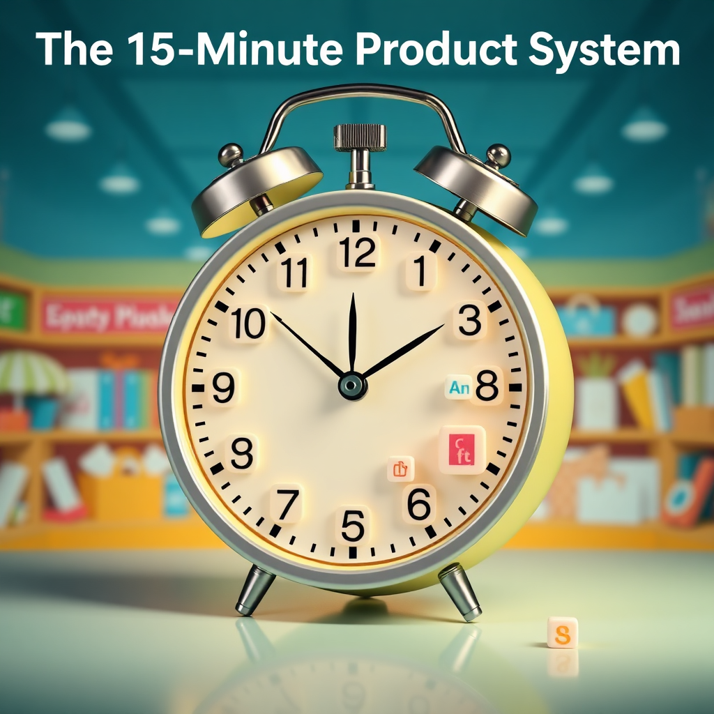 Create a 4K resolution, high-quality image representing The 15-Minute Product System. Depict a stylized illustration of a clock with digital product icons forming its gears, symbolizing speed and efficiency. The background should feature a vibrant Etsy marketplace backdrop. Use a color palette of calming blues, greens, and yellows to convey trustworthiness and optimism. Lighting should be bright and even, highlighting the details of the clock and product icons. Props include miniature Etsy shop icons and abstract representations of creativity. The camera angle is a medium shot, focusing on the clock mechanism. The style should be clean, modern, and slightly abstract, reminiscent of minimalist design. The overall feeling should be that of empowerment and achievement.