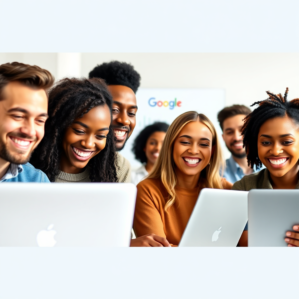 Create a 4K resolution image of a diverse group of people smiling and looking at laptop screens, with Google's homepage subtly visible in the background. The scene should be bright and airy, with a modern, minimalist office setting. The lighting should be soft and natural, highlighting the positive emotions and collaborative atmosphere. The camera angle should be slightly elevated, capturing the entire group and their engaged expressions. Incorporate subtle visual cues of success and financial growth, such as charts trending upwards or subtle displays of wealth. The overall style should be aspirational and relatable, conveying the idea that anyone can achieve financial freedom through the 'Google Money Glitch'. Consider a stylized, slightly illustrated approach, rather than strict photorealism, to enhance the sense of approachability and trustworthiness.