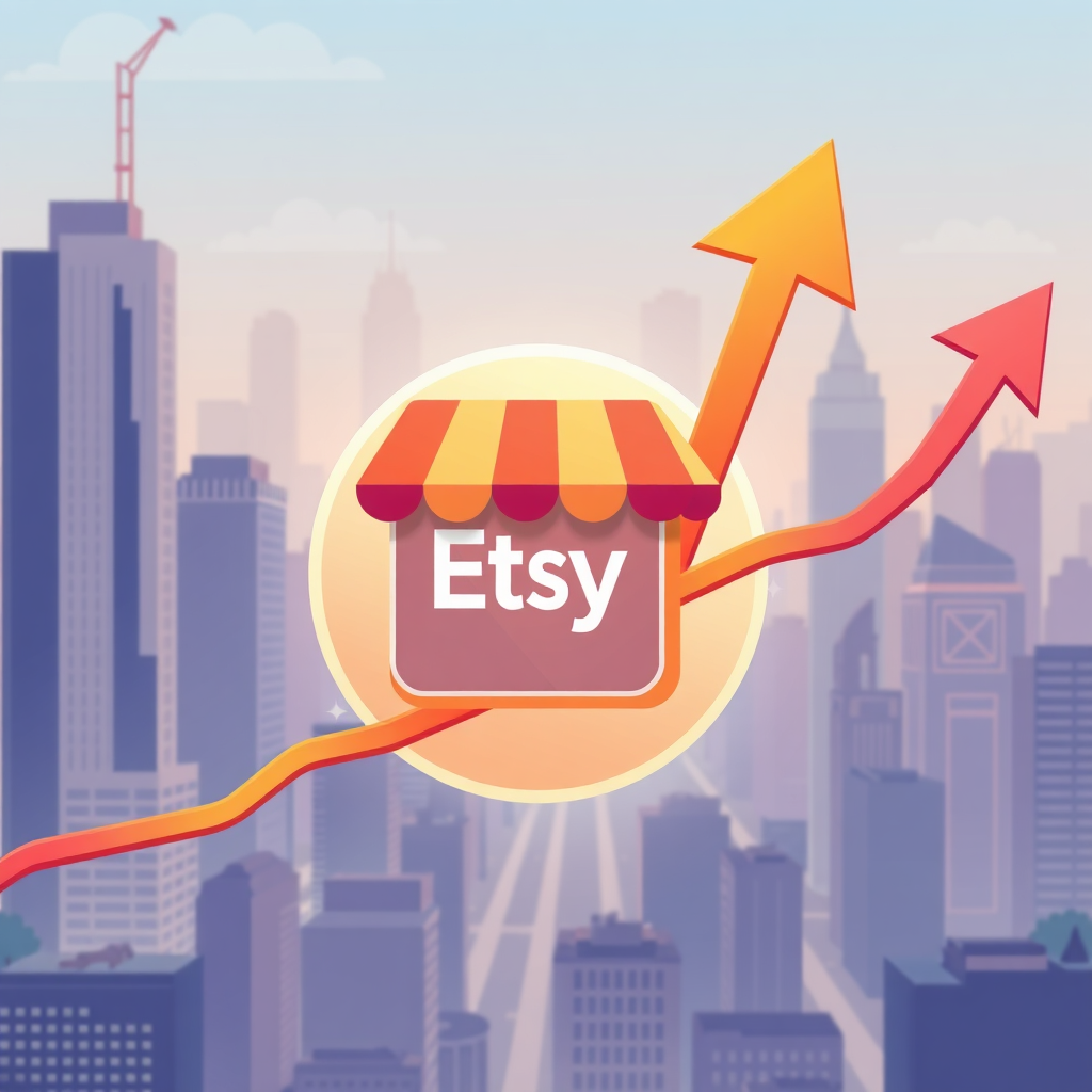 Create a digital illustration representing an Etsy shop icon growing rapidly with upward-pointing arrows around it. The background should be a vibrant cityscape. Use colors that convey growth and success. Lighting should be optimistic and uplifting.