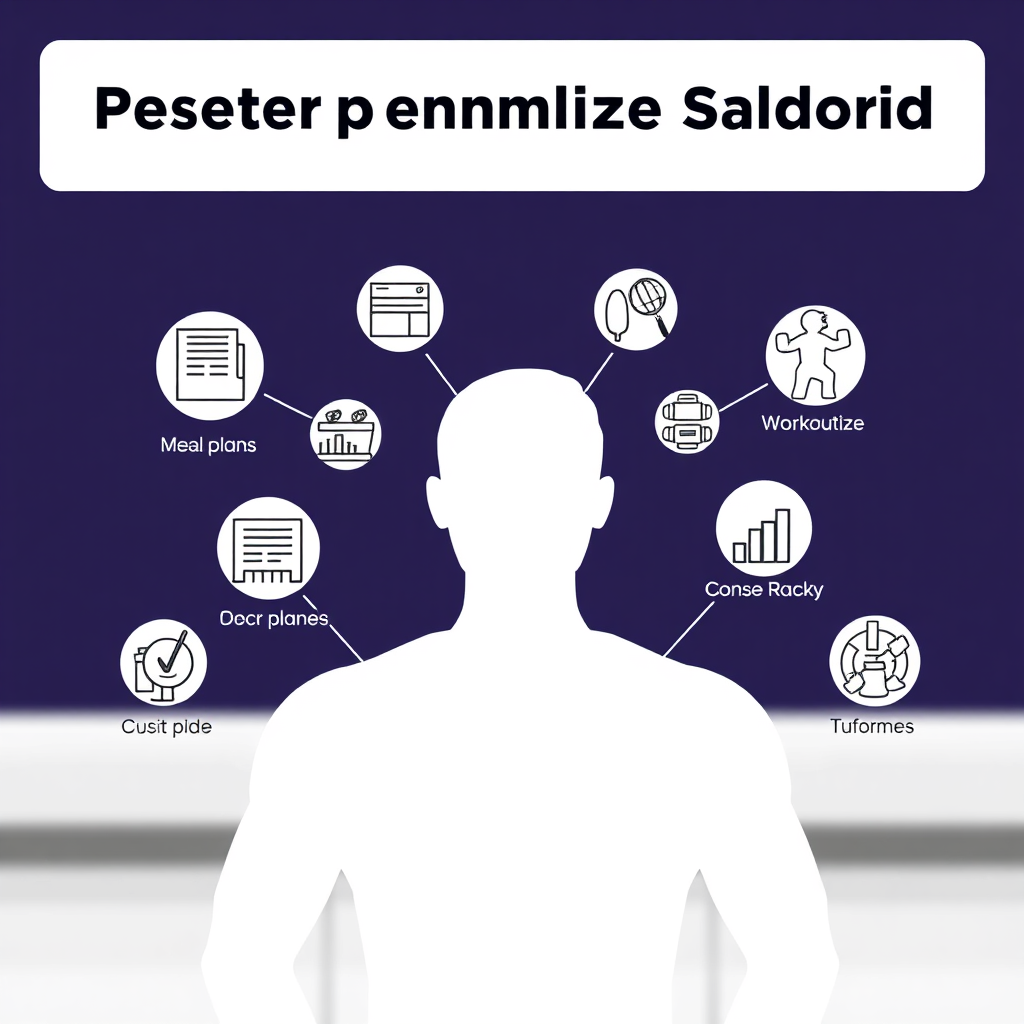 Create a graphic image of a person surrounded by customized icons representing personalized meal plans, workout routines, and progress tracking. The background should be clean and modern. Technical specs: 4k, high quality rendering, emphasis on personalization.