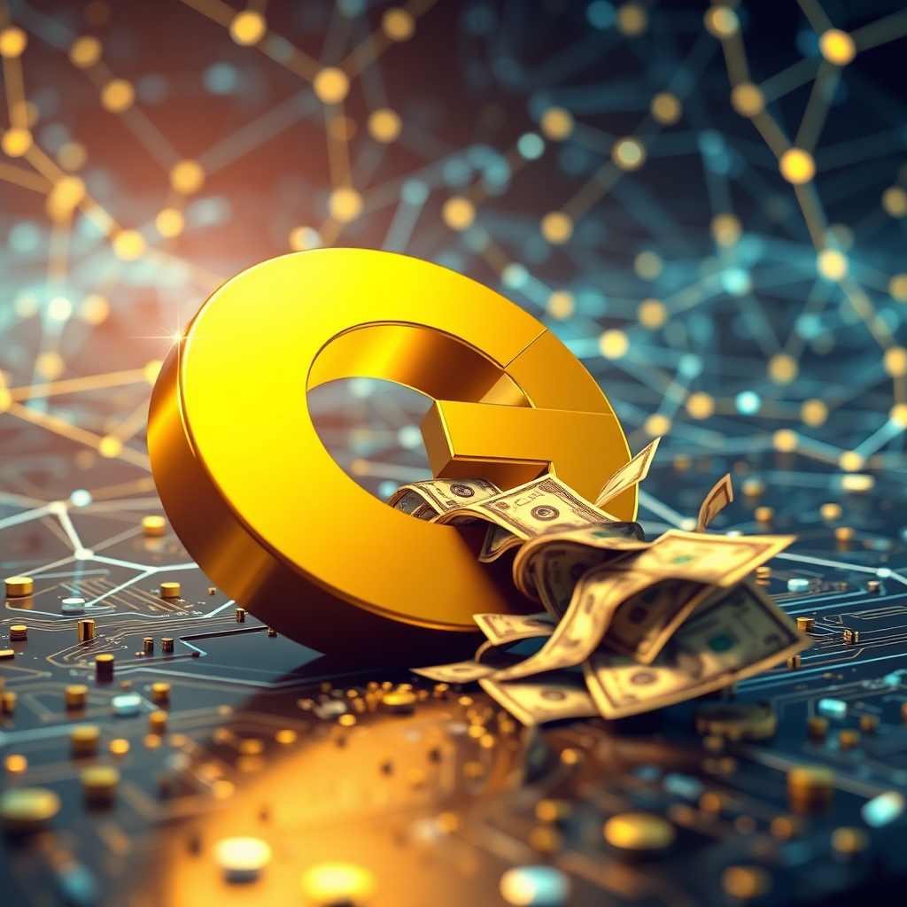 Create a hyperrealistic, 8K resolution image depicting a golden Google logo with money subtly flowing out of it. The scene should be set against a futuristic, digital backdrop of interconnected nodes and lines, symbolizing the 'glitch' or 'loophole'. Lighting should be bright and optimistic, with a focus on highlighting the golden hues of the logo and the flow of currency. The camera angle should be a slightly low angle, emphasizing the power and potential of the opportunity. Subtle textures of circuit boards and digital code can be integrated into the background. The overall feel should be aspirational and trustworthy, hinting at financial freedom through a clever exploitation of Google's systems. The image should evoke feelings of excitement and opportunity, without being overtly sensational.