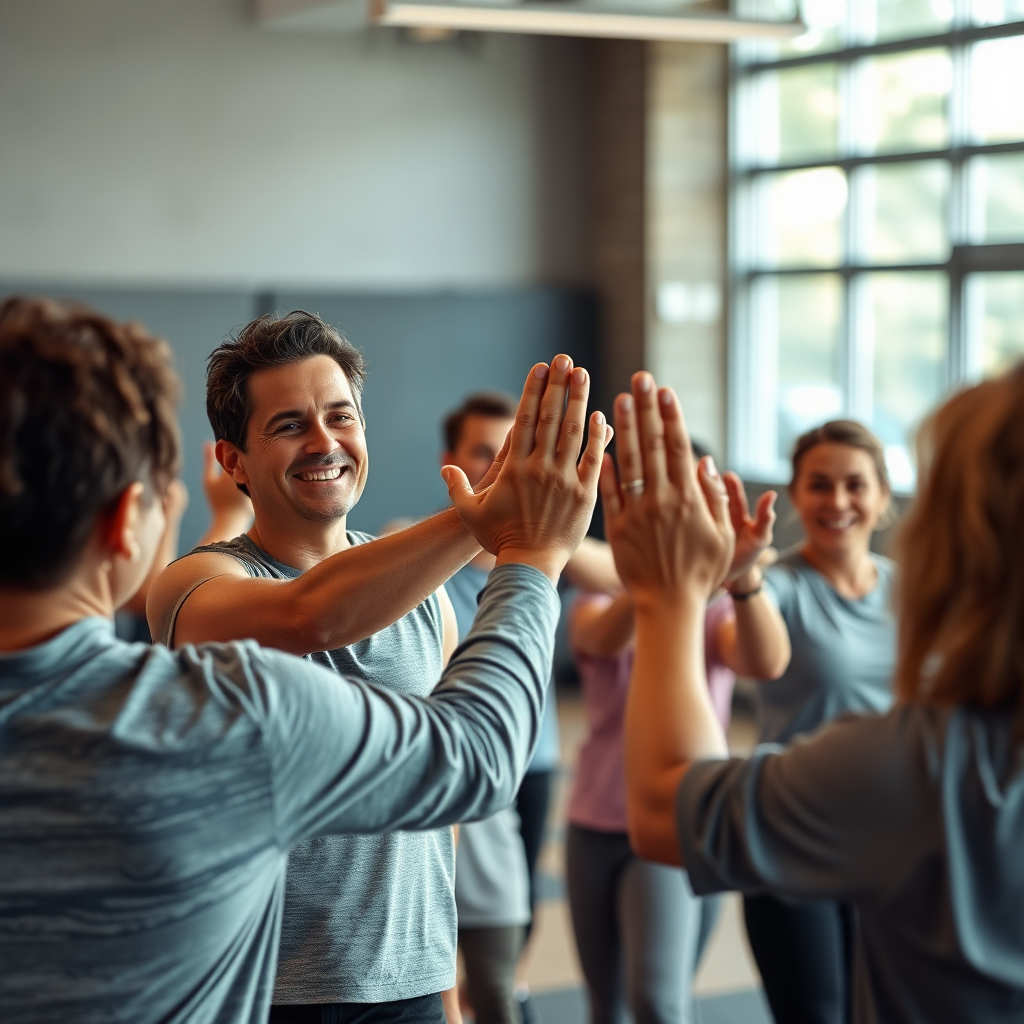 Create a photorealistic image showing a group of people exercising together in a supportive environment. Smiles, high-fives, and encouraging gestures should be visible. The scene should convey a sense of camaraderie and shared accomplishment. Technical Specs: 4k, dynamic lighting, emphasis on positive energy.