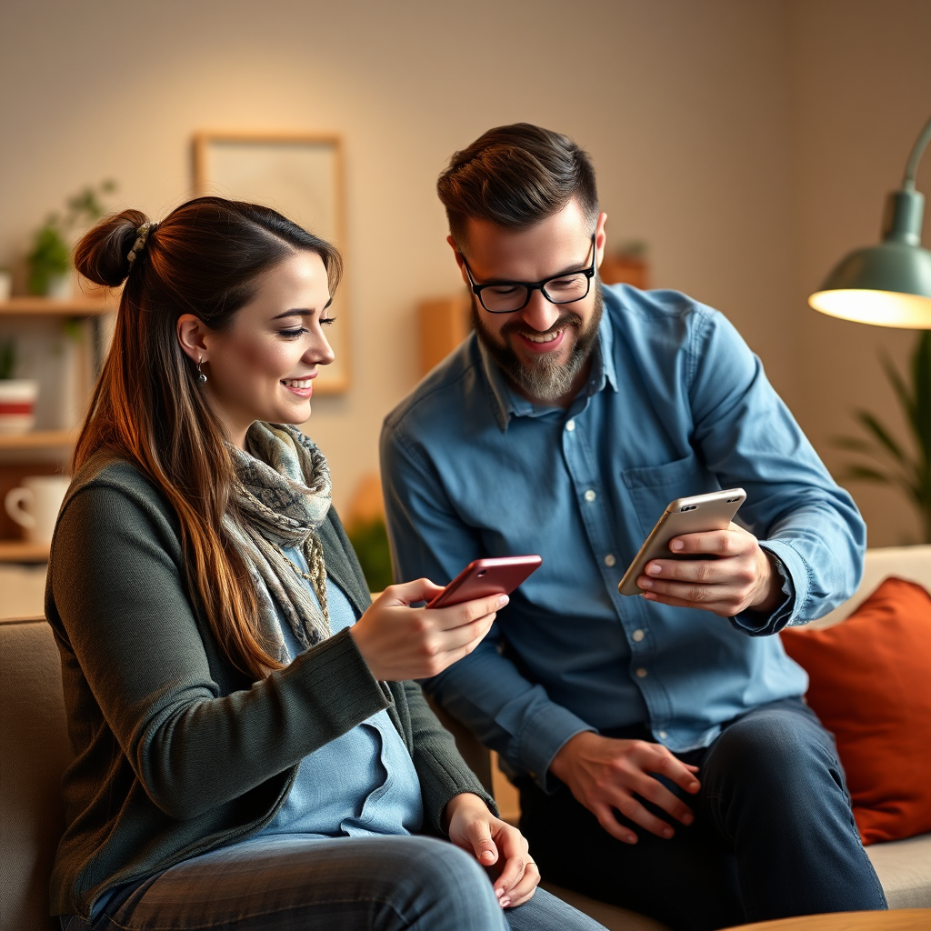 Create a photorealistic image of a coach guiding a student on using their smartphone for CPA marketing. The background should be a comfortable and collaborative workspace. Lighting should be warm and inviting. Style: supportive and educational. Technical specs: 4K resolution, high quality.