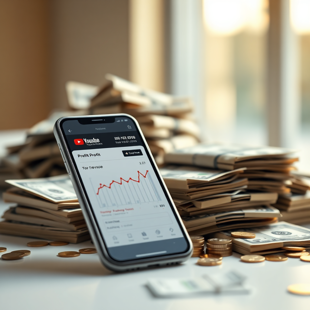 Create a photorealistic image representing the 'Profit' phase of the AI Tube FastTrack system. The subject is a smartphone displaying a YouTube channel analytics dashboard showing a steady stream of revenue. A pile of money is visible in the background, symbolizing financial success. The composition should be clean and professional, with a focus on financial growth. Lighting is warm and inviting, creating a sense of security and prosperity. The color palette includes greens, golds, and whites, evoking a sense of money and growth. Style: Minimalist and professional. Technical specs: 4K resolution, high quality.