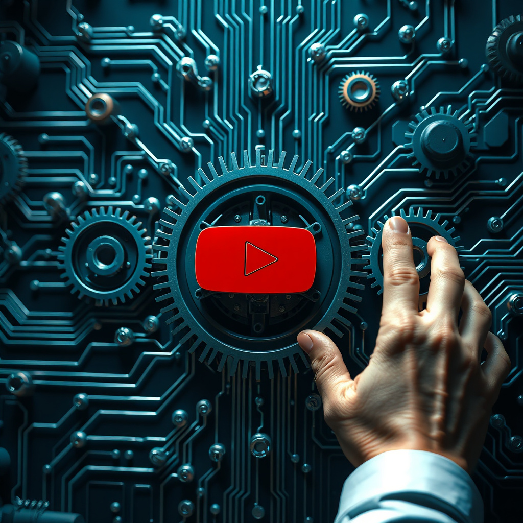 Create a photorealistic image representing YouTube algorithm mastery. The subject is a complex algorithm visualized as a series of interconnected gears and circuits. A person's hands are visible, carefully adjusting the gears to optimize the algorithm's performance. The composition should be intricate and technical, with a focus on precision and control. Lighting is soft and professional, creating a sense of focus and expertise. The color palette includes blues, greens, and grays, evoking a sense of technology and engineering. Style: Minimalist and professional. Technical specs: 4K resolution, high quality.