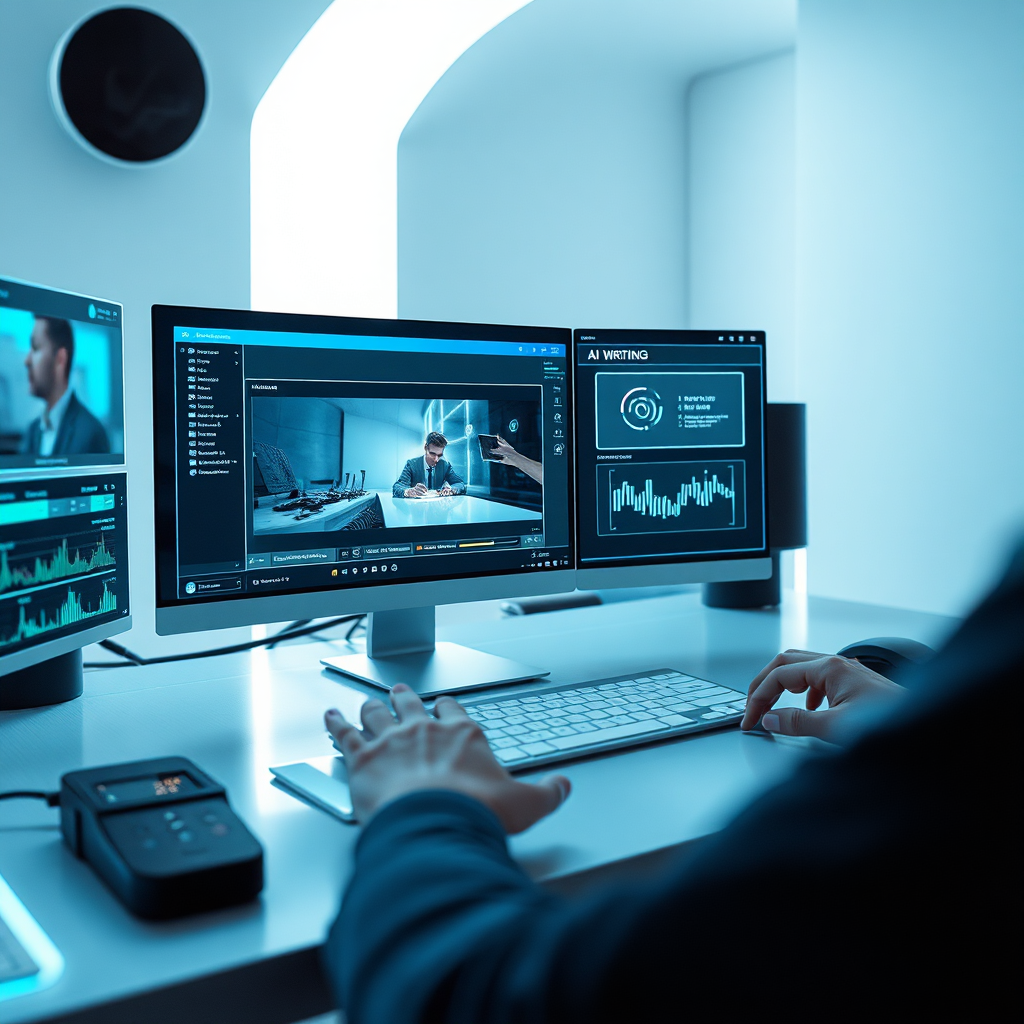 Create a photorealistic image representing AI-powered content creation. The subject is a futuristic workstation with holographic displays showing video editing software and AI writing tools. A person's hands are visible, interacting with the holographic displays. The composition should be clean and modern, with a focus on efficiency and innovation. Lighting is soft and professional, creating a sense of focus and productivity. The color palette includes blues, greens, and whites, evoking a sense of technology and efficiency. Style: Minimalist and professional. Technical specs: 4K resolution, high quality.