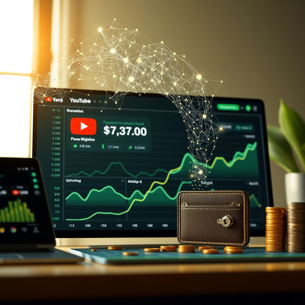 Create a photorealistic image representing YouTube monetization. The subject is a YouTube channel analytics dashboard showing a steady stream of revenue flowing into a digital wallet. AI neural network visualizations overlay the dashboard, symbolizing AI-powered optimization. The composition should be clean and professional, with a focus on financial success. Lighting is warm and inviting, creating a sense of security and prosperity. The color palette includes greens, golds, and whites, evoking a sense of money and growth. Style: Minimalist and professional. Technical specs: 4K resolution, high quality.