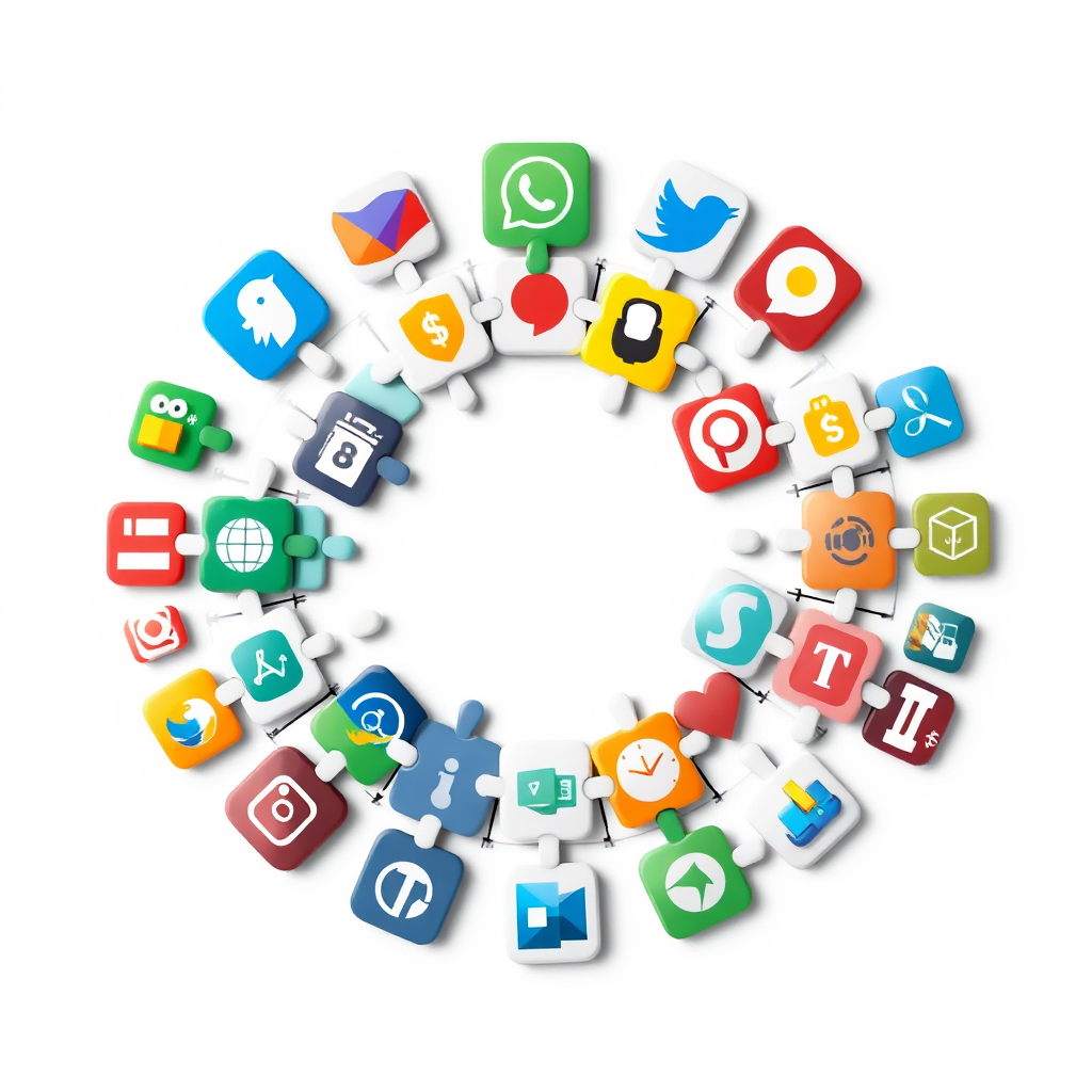 Create a photorealistic image of various free online tools arranged in a circle, like puzzle pieces forming a completed picture. The colors of the icons should be vibrant and eye-catching. The background should be a clean, neutral color. Technical Specs: 4K resolution.