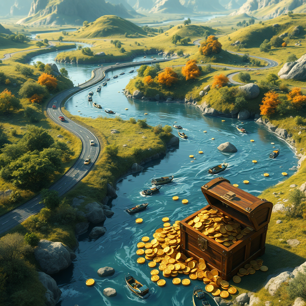 Create a photorealistic image of a digital landscape where numerous small streams of traffic converge into a large river leading to a treasure chest overflowing with gold coins. The landscape should be vibrant and inviting. Technical Specs: 4K resolution.