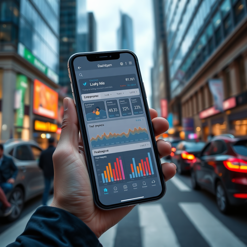 Create a photorealistic image of a smartphone displaying a dashboard with real-time data and analytics for CPA campaigns. The background should be a fast-paced city street, representing the dynamic nature of online marketing. Style: professional and data-driven. Technical specs: 4K resolution, high quality.