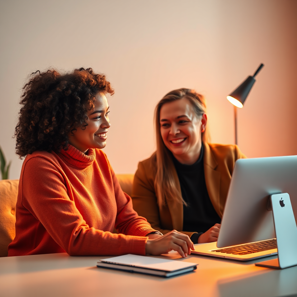 Create a photorealistic image representing YouTube coaching. The subject is a one-on-one coaching session between a YouTube expert and a student. The expert is providing guidance and feedback on the student's YouTube channel. The composition should be warm and inviting, with a focus on collaboration and learning. Lighting is bright and optimistic, creating a sense of encouragement and support. The color palette includes warm oranges, yellows, and browns, evoking a sense of creativity and learning. Style: Minimalist and professional. Technical specs: 4K resolution, high quality.