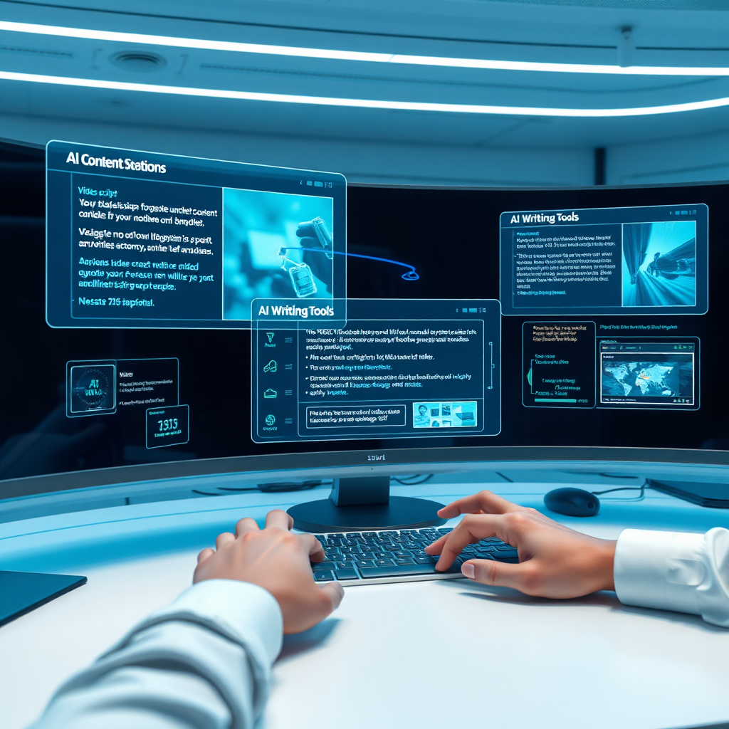 Create a photorealistic image representing AI content creation. The subject is a futuristic workstation with holographic displays showing video scripts and AI writing tools. A person's hands are visible, interacting with the holographic displays. The composition should be clean and modern, with a focus on efficiency and innovation. Lighting is soft and professional, creating a sense of focus and productivity. The color palette includes blues, greens, and whites, evoking a sense of technology and efficiency. Style: Minimalist and professional. Technical specs: 4K resolution, high quality.