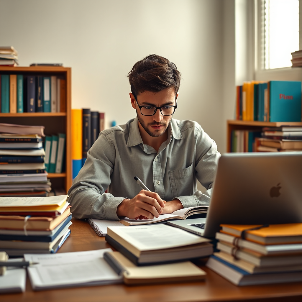 Create a photorealistic image of a well-organized study space. A CPA candidate is deeply focused, surrounded by neatly arranged textbooks, notes, and a laptop displaying practice questions. The lighting is warm and inviting, creating a productive atmosphere. The color palette should emphasize calming blues and greens, with accents of energizing yellows and oranges. The camera angle is a close-up shot, highlighting the dedication and focus of the candidate. Style: Academic, focused, and supportive.