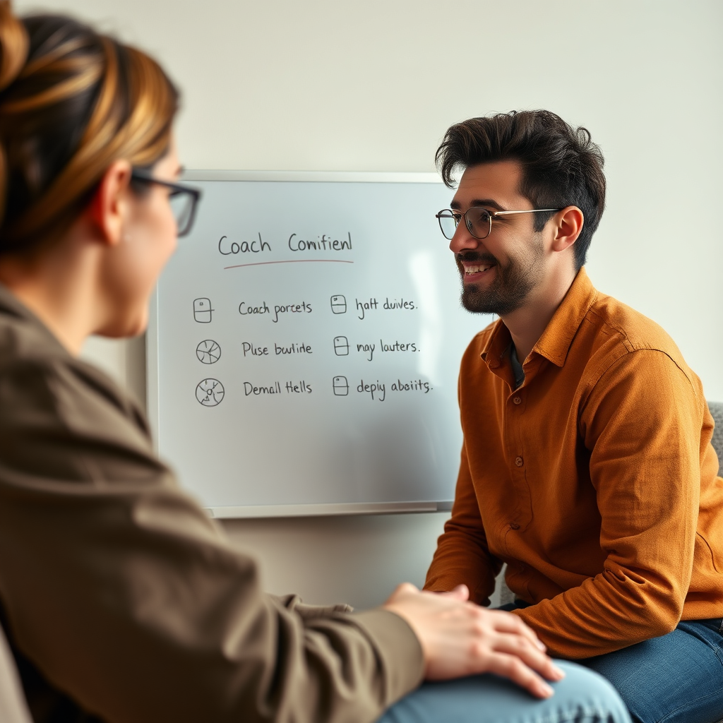 Create a photorealistic image of a coach and student working together in a virtual setting. The coach is providing personalized guidance on a digital whiteboard, tailored to the student's specific needs. The lighting is soft and supportive, creating a comfortable and collaborative environment. The color palette should be warm and inviting, emphasizing trust and personalized support. The camera angle is a close-up shot, highlighting the connection between the coach and student. Style: Supportive, personalized, and collaborative.