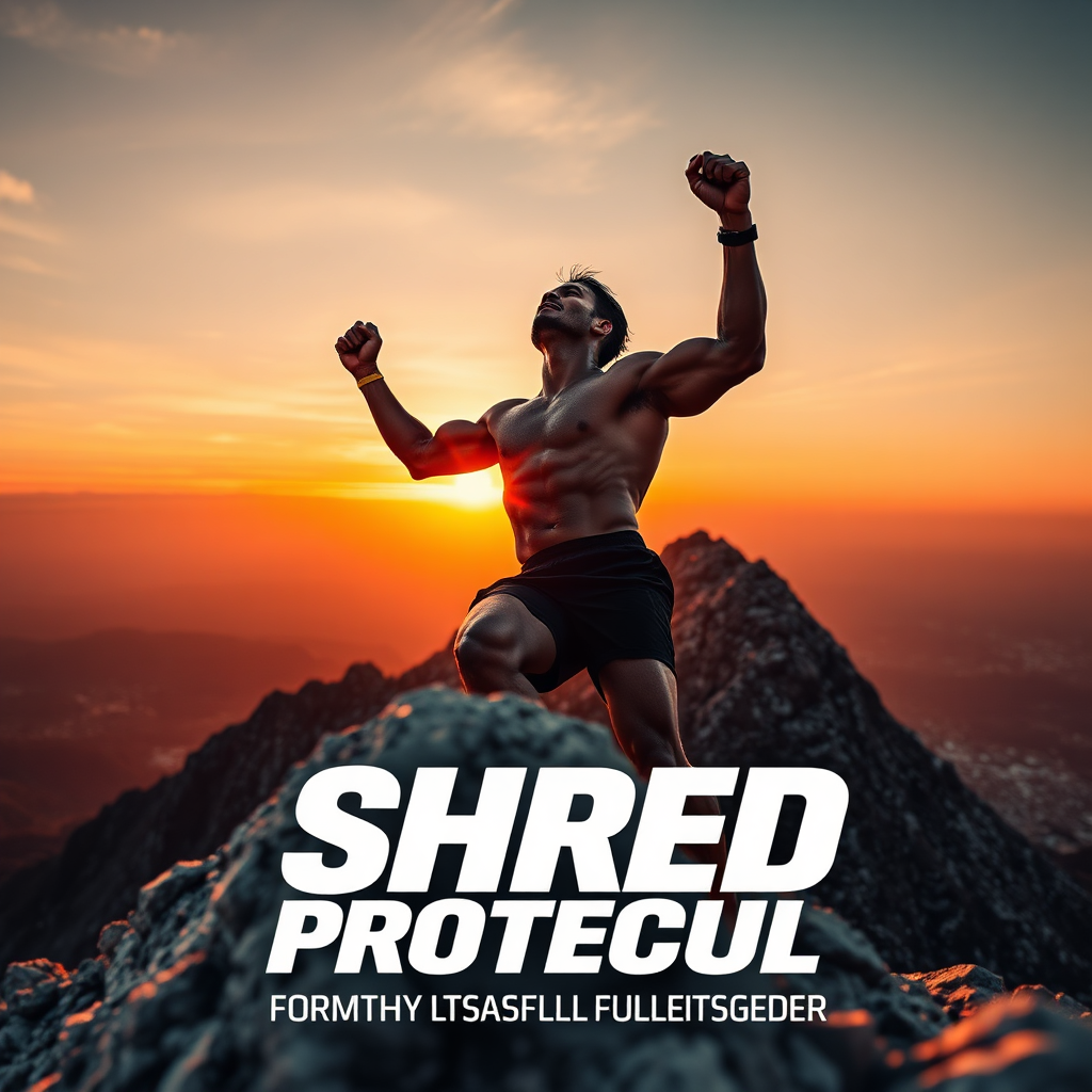 Create a photorealistic image representing the essence of Odunalisko's mission and the 'Shred Protocol: The 21-Day Body Reset That Sells Like Fire'. The image should depict a person triumphantly reaching the peak of a mountain or finishing a challenging workout, symbolizing achievement and overcoming obstacles. The background should showcase a beautiful sunrise or inspiring natural landscape. The lighting should be warm, golden, and motivational. Color palette focuses on earth tones and vibrant sunrise colors. Camera angle is from a slightly low perspective, emphasizing the subject's strength and determination. The texture should showcase sweat, muscle definition, and a healthy glow. Style references include motivational fitness photography and outdoor adventure imagery. Technical specs: 4K resolution, high quality, dynamic range.