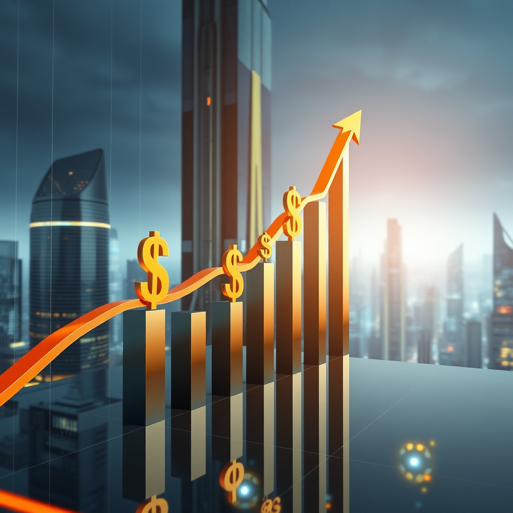 Create a photorealistic image of a graph showing exponential growth, with dollar signs steadily climbing upwards. The background should be a futuristic cityscape. The style should be modern and sleek. Technical Specs: 4K resolution.