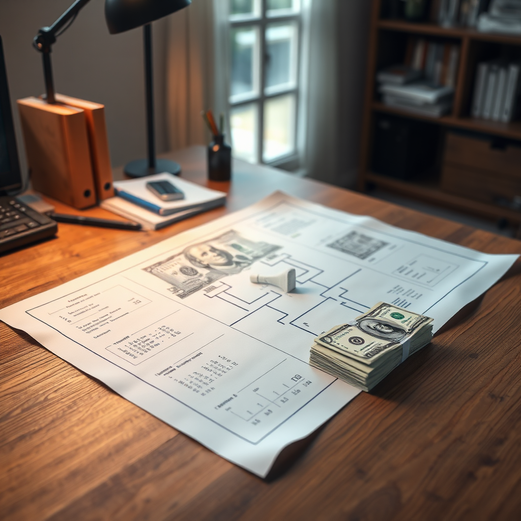 Create a photorealistic image of a blueprint laying on a desk, with different sections highlighting various free tools leading to an increasing amount of money on the same desk. The blueprint must look new and futuristic. The environment should be a study or office space. Technical Specs: 4K resolution.