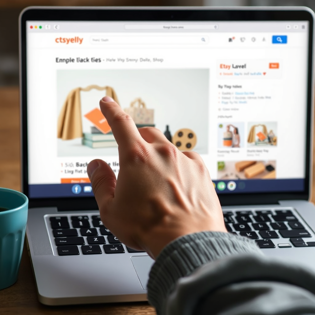 Create a photorealistic image of a hand guiding a cursor through a step-by-step process on a laptop screen, with Etsy shop elements in the background. Use clear, instructional visuals.