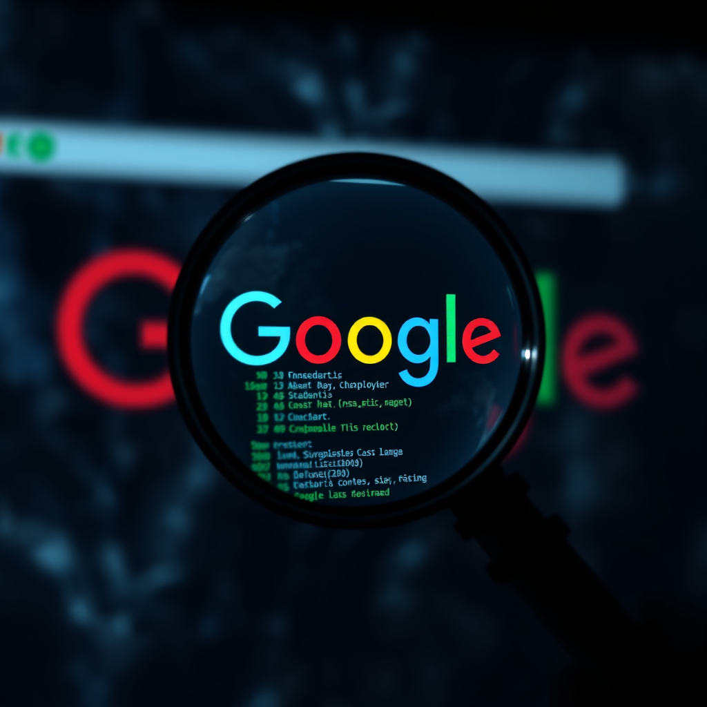 Create a photorealistic image depicting a magnifying glass hovering over the Google search engine interface, revealing a hidden layer of code and financial symbols. The scene should be dimly lit, with a spotlight shining on the area under the magnifying glass, emphasizing the hidden nature of the loophole. The background should be blurred and abstract, representing the complexity of the Google platform. Use a shallow depth of field to draw focus to the magnifying glass and the revealed code. The overall style should be mysterious and intriguing, hinting at a valuable secret waiting to be discovered.