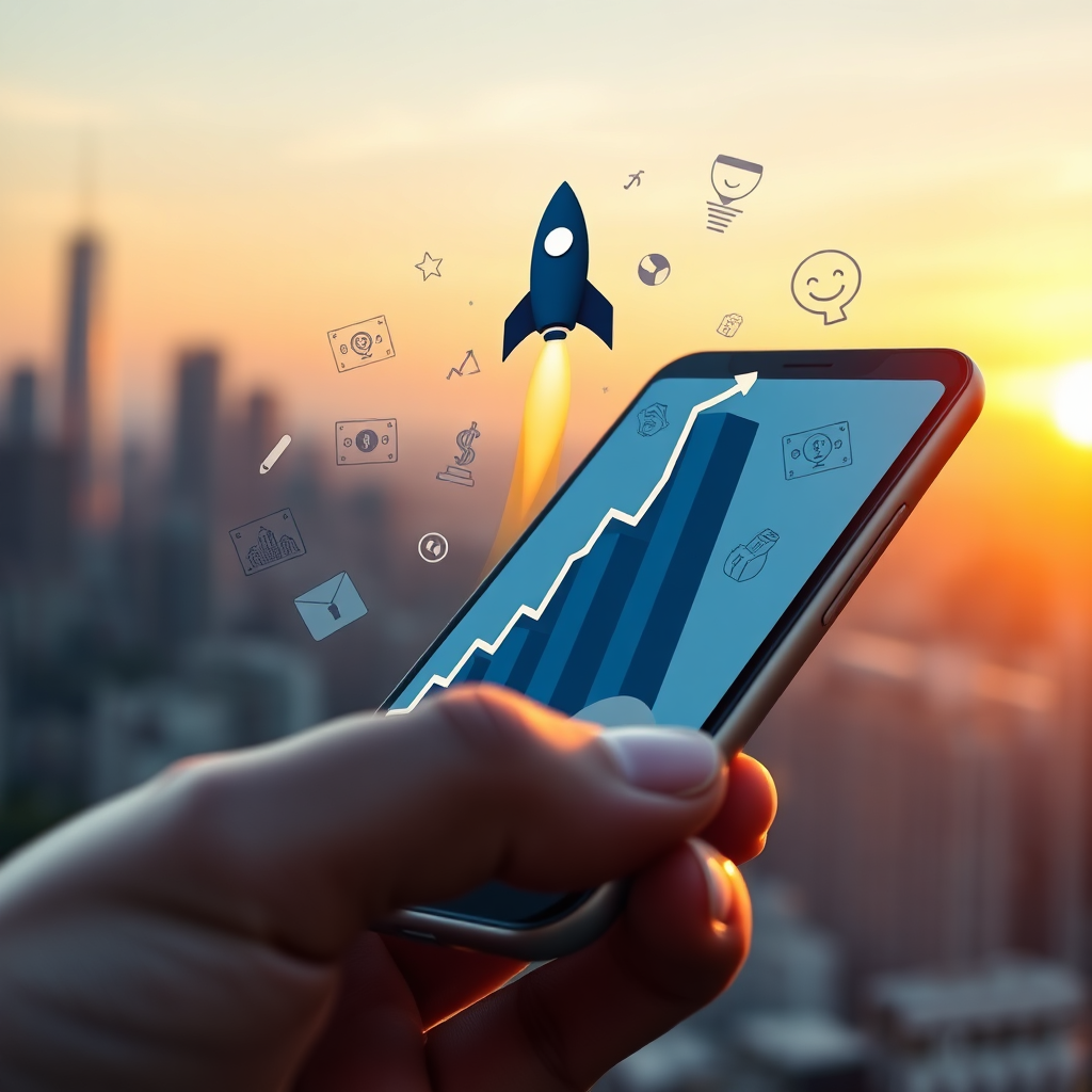 Create a photorealistic image representing the core of CPA Money Magnet. The subject is a smartphone displaying a graph shooting upwards like a rocket, symbolizing growth and success. Around the smartphone, subtle icons of money, charts, and happy faces float, representing financial achievement and satisfied clients. The background is a soft, blurred cityscape at sunset, suggesting the limitless possibilities. Use warm, golden hour lighting to convey optimism and opportunity. The camera angle is a close-up, focusing on the smartphone's screen. Textures should be smooth and sleek, emphasizing the modern technology. Style: clean, professional, and subtly motivational. Technical specs: 4K resolution, high quality.