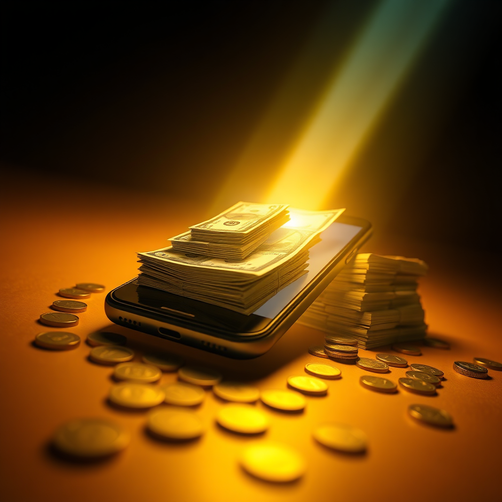  Create a photorealistic image of a smartphone with a beam of light shining out of the screen, illuminating stacks of money. The background is a gradient from dark to light, representing the transition from financial insecurity to prosperity. Use warm, golden lighting to convey wealth and opportunity. The camera angle is a low angle, emphasizing the smartphone's power. Style: aspirational and dramatic. Technical specs: 4K resolution, high quality.