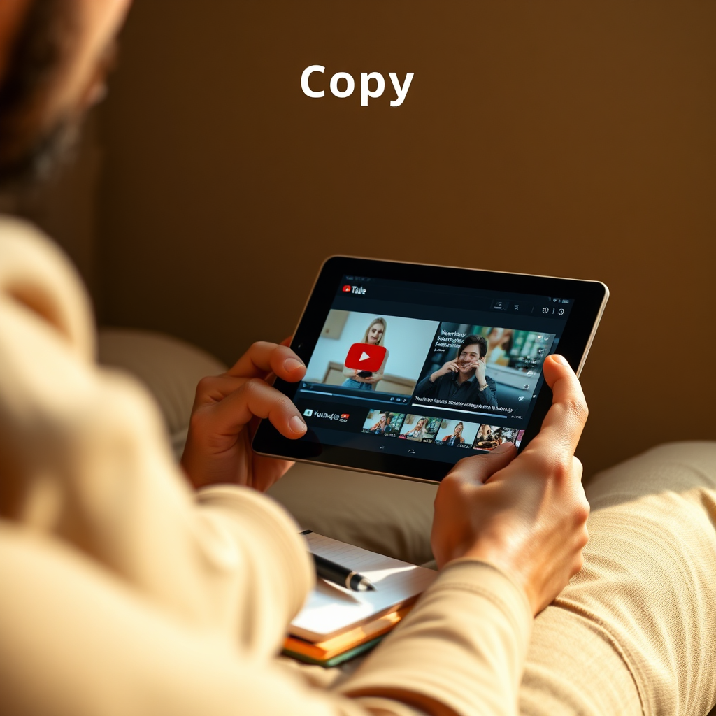 Create a photorealistic image representing the 'Copy' phase of the AI Tube FastTrack system. The subject is a person carefully studying a successful YouTube video on a tablet. A notepad and pen are nearby, symbolizing the process of taking notes and adapting ideas. The composition should be focused and intentional, with a focus on learning and improvement. Lighting is soft and inviting, creating a sense of comfort and concentration. The color palette includes warm oranges, yellows, and browns, evoking a sense of creativity and learning. Style: Minimalist and professional. Technical specs: 4K resolution, high quality.