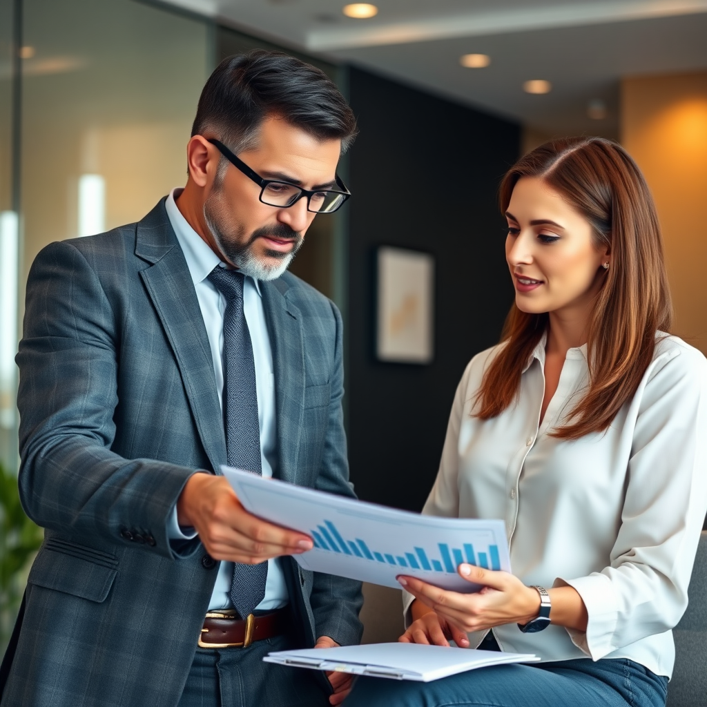 Create a photorealistic image of a mentor and mentee in a modern office setting, engaged in a thoughtful discussion. The mentor is pointing to a financial chart, providing insights and guidance. The lighting is soft and professional, creating a comfortable and collaborative environment. The color palette should be warm and inviting, emphasizing trust and knowledge transfer. The camera angle is a medium shot, capturing the interaction between the two individuals. Style: Professional, supportive, and collaborative.