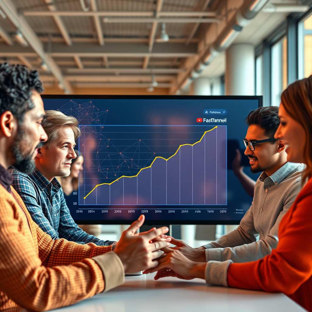 Create a photorealistic image representing AI Tube FastTrack. The subject is a diverse group of people collaborating around a large touchscreen displaying a YouTube channel growth chart. The chart shows a steep upward trajectory. AI neural network visualizations intertwine with the chart data, symbolizing AI-powered growth. The composition should be warm and inviting, with a focus on collaboration and success. Lighting is bright and optimistic, creating a sense of energy and innovation. The color palette includes warm oranges, yellows, and blues, evoking a sense of community and progress. The camera angle is a medium shot, capturing the entire group and the touchscreen. Details should include realistic textures on the faces and clothing of the people, with a modern, open-plan office environment in the background. Style: Collaborative and aspirational. Technical specs: 4K resolution, high quality.