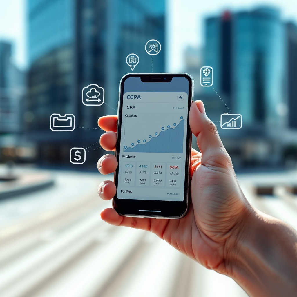  Create a photorealistic image of a hand holding a smartphone. The screen displays a dashboard with rising graphs and CPA metrics. Subtle lines connect the smartphone to various online advertising platforms depicted as stylized icons. The background is a blurred, modern cityscape, symbolizing the global reach of mobile marketing. Lighting is bright and optimistic, with a color palette of blues and greens. Texture should emphasize the clarity of the smartphone screen and the sleekness of the device. Style: professional and cutting-edge. Technical specs: 4K resolution, high quality.