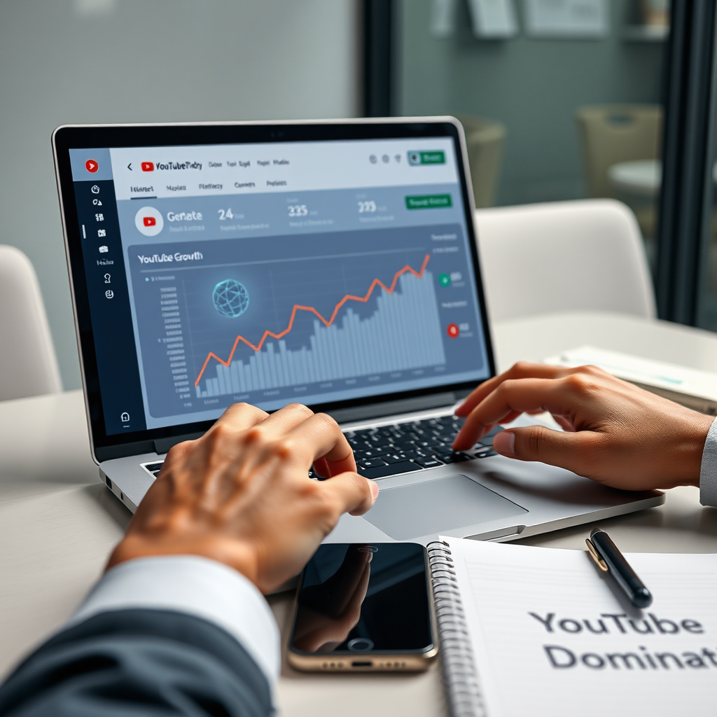 Create a photorealistic, ultra-high-quality hero image representing 'AI Tube FastTrack: Watch. Copy. Profit.'. The subject is a modern, sleek laptop displaying a YouTube analytics dashboard showing exponential growth. Overlaid on the laptop screen are subtle AI neural network visualizations. A person's hands are visible, confidently interacting with the laptop. The composition should be dynamic, with a shallow depth of field focusing on the screen. Lighting is soft and professional, creating a sense of trust and expertise. The color palette includes blues, greens, and whites to evoke a sense of technology and success, with subtle pops of vibrant color to highlight the growth. The camera angle is a slightly high-angle shot. Details should include realistic textures on the laptop and hands, with a clean, modern office environment in the background. Props include a high-end smartphone and a notebook with the words 'YouTube Domination' faintly visible. Style: Minimalist and professional. Technical specs: 8K resolution, hyperrealistic, professional studio lighting.