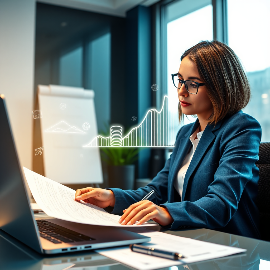 Create a photorealistic, ultra-high resolution (8K) header image for 'CPA Domination Blueprint'. The scene should depict a focused professional, male or female, in a modern, brightly lit office environment. They are confidently reviewing financial documents, with a subtle digital overlay of blueprints and growth charts emanating from the documents, symbolizing strategic planning and advancement. The color palette should be dominated by professional blues and greens, accented by warm yellows to convey trust, competence, and optimism. The camera angle is a slightly low angle, conveying power and achievement. Textures should be highly detailed: the paper, the fabrics of the clothing, and the subtle sheen of the monitor. Style reference: Clean, corporate, and subtly aspirational. Relevant props include a high-end laptop, financial reports, and a pen. Hyperrealistic rendering is crucial.