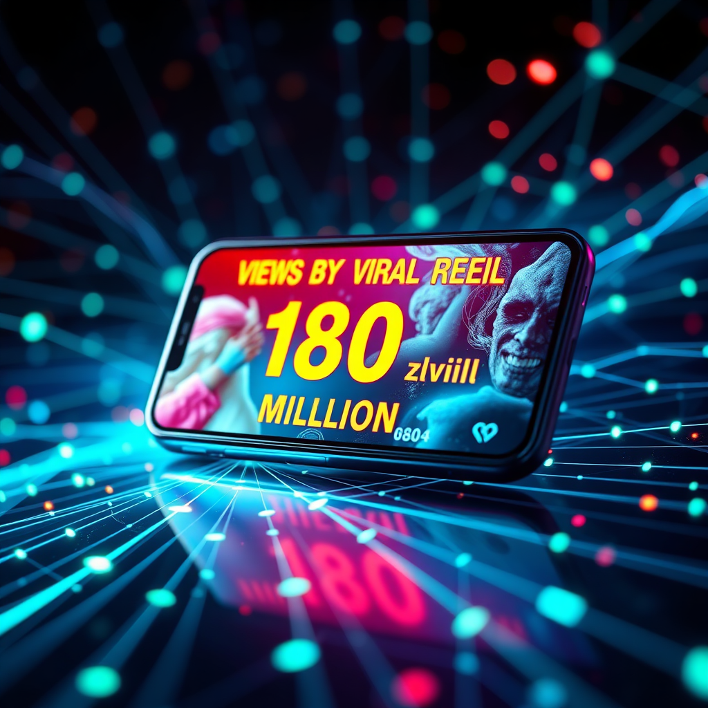 Create a photorealistic, ultra-high quality image. The subject is a smartphone displaying a viral reel with a view count exceeding 180 million. The background should be a dynamic, abstract representation of social media algorithms and data streams, with glowing lines and interconnected nodes. Lighting should be dramatic and vibrant, with a focus on highlighting the screen of the phone and the abstract background. The color palette should consist of electric blues, vibrant greens, and pops of neon pink and orange. The camera angle should be a slightly low angle, emphasizing the scale of the virtual background and the impact of the viral reel. Texture details should be highly refined, with visible details on the smartphone and intricate patterns in the data stream. Consider adding floating elements that represent engagement, such as likes, comments, and shares. The overall style should be modern and futuristic. 8K resolution, hyperrealistic rendering.