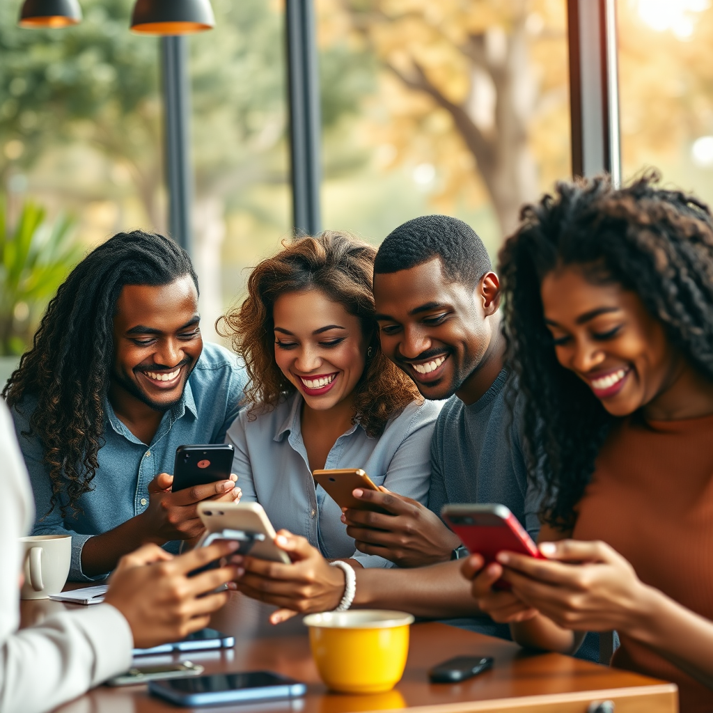 Create a photorealistic, ultra-high-quality header image. The subject is a diverse group of people happily working on their smartphones in various vibrant settings (coffee shop, park, home office). Each person displays an expression of joy and accomplishment. The background should subtly show financial growth charts and money icons. Use warm, inviting lighting, with a color palette of blues, greens, and golds to represent trust and wealth. The camera angle is a slightly elevated wide shot to capture the collaborative and accessible nature of mobile CPA marketing. Texture details should be crisp and realistic, emphasizing the modern feel of smartphones and the environment. The style should be aspirational yet approachable, like a lifestyle photograph from a financial magazine. Technical specs: 8K resolution, hyperrealistic detail.