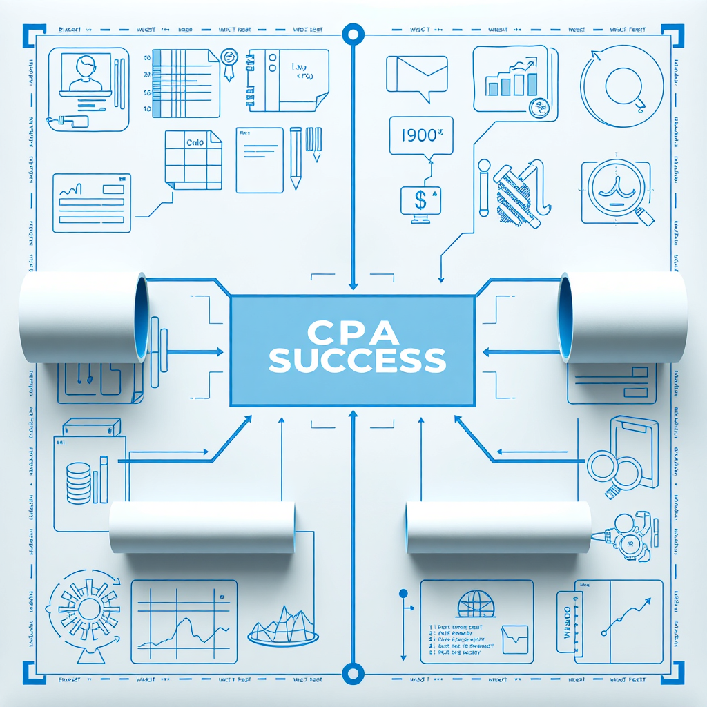 Create a stylized image depicting a blueprint with clearly defined sections and pathways, leading to a central point labeled 'CPA Success'. The blueprint should incorporate elements of accounting and finance, symbolizing a well-organized and strategic plan. The color palette should be professional blues and grays, with highlights in green to represent growth. The camera angle is a top-down view, showcasing the entire structure and its organized design. Style: Technical, clean, and strategic.