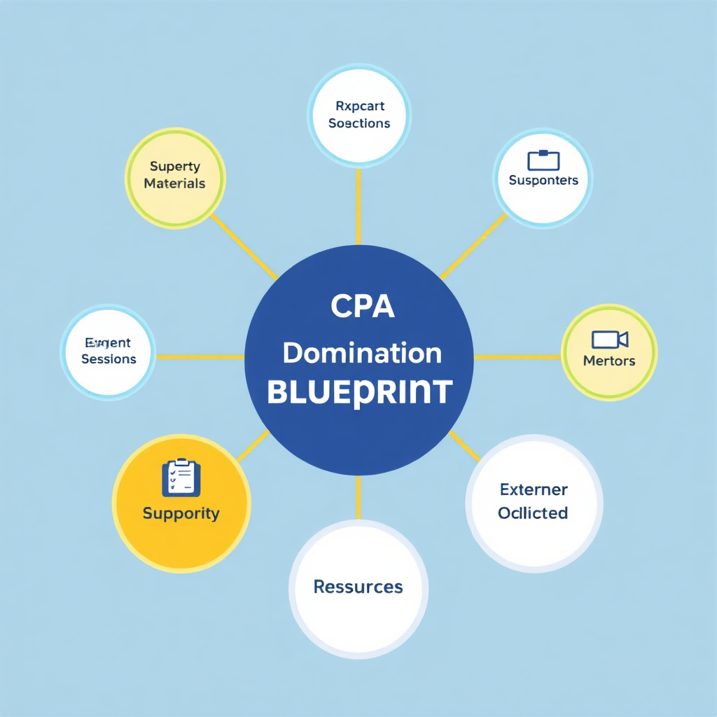 Create a stylized image depicting a network of interconnected nodes, each representing a different resource or support system. The central node is labeled 'CPA Domination Blueprint', and it is connected to nodes representing study materials, coaching sessions, and expert mentors. The color palette should be vibrant and supportive, emphasizing the interconnectedness of the network. The camera angle is a wide shot, showcasing the entire network and its comprehensive support system. Style: Supportive, comprehensive, and connected.
