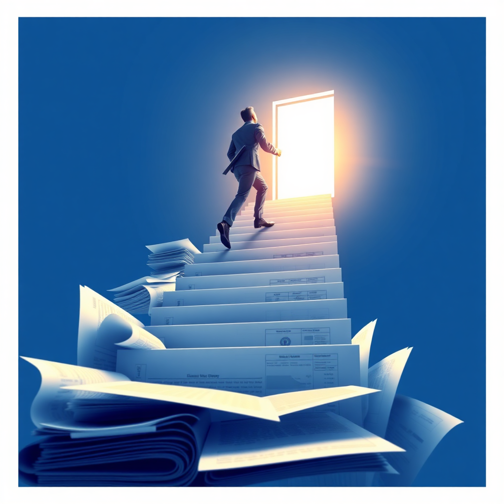 Create a stylized image depicting a professional ascending a staircase made of financial documents, reaching a bright, open doorway representing career success. The staircase should be well-lit, symbolizing a clear path. The color palette should transition from professional blues at the bottom to aspirational golds and yellows at the top. The camera angle is a low angle, emphasizing the climb and the achievement. Style: Motivational, clean, and aspirational.